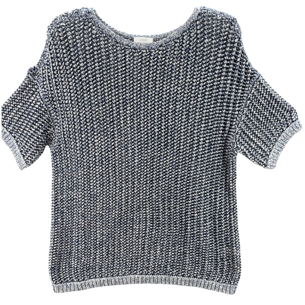 Pure Jill Sweater Women XS Blue White Marled Cotton Short Sleeve Open Knit